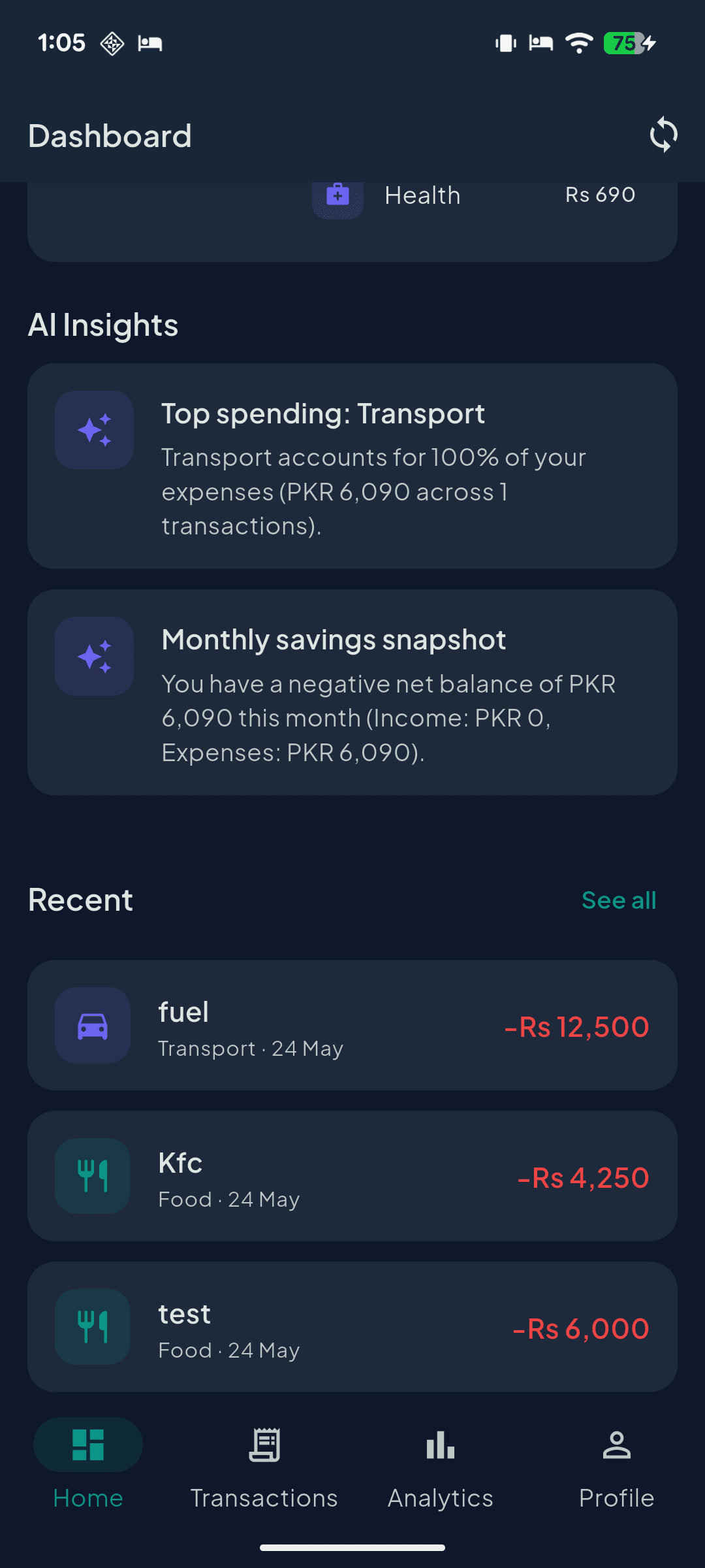 Aveliq AI Insights — top spending category and monthly savings snapshot